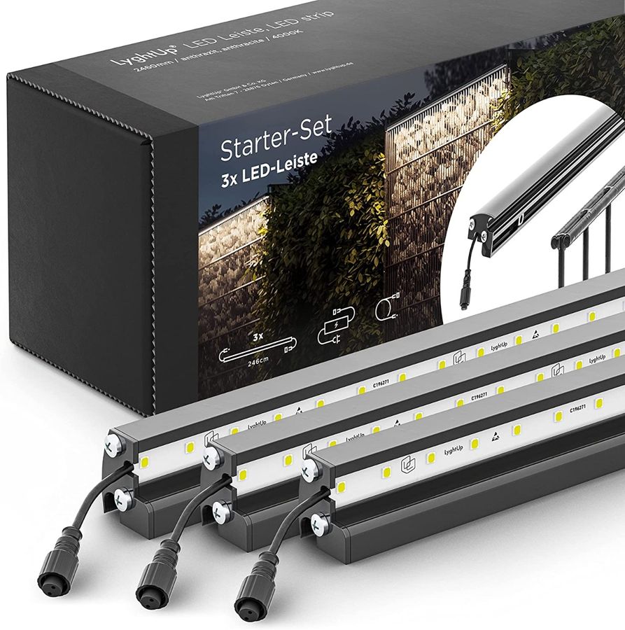 LyghtUp® LED-Leuchtschiene 3er-Set (für Doppelstab- und Gabionenzaun)