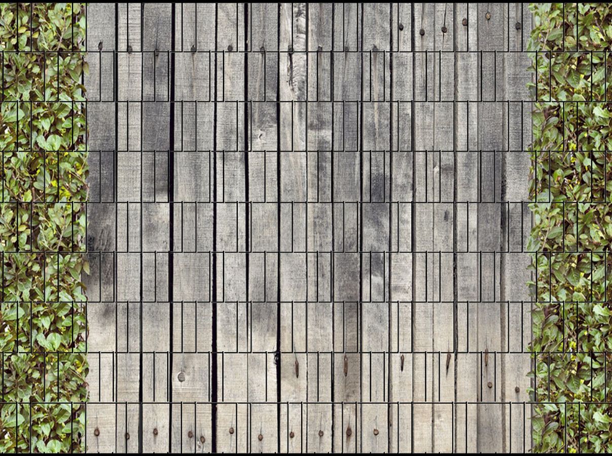 Sichtschutzstreifen Holzwand und Kirschlorbeer (Motivrolle)